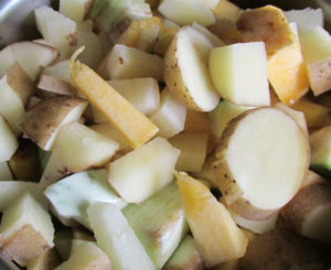 Vegetables are cleaned and cut into bite sized pieces